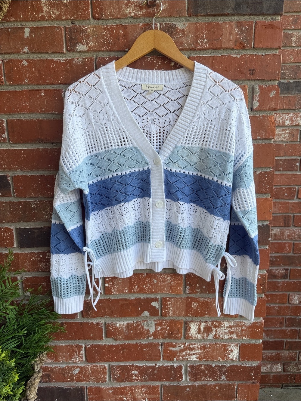 Francesca's Collections Cream and Blue Knit Cardigan with Bow Tie Accents